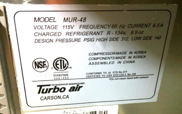 Turbo Air MUR-48 Two Solid Door 48" Commercial Undercounter Refrigerator 224A