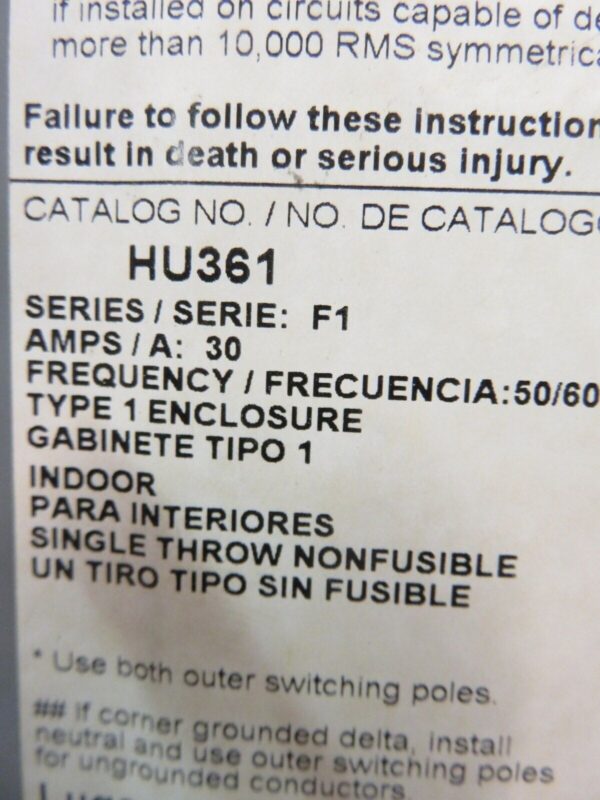 Square D Disconnect Heavy Duty Safety Switch 30 Amp 3 Pole HU361 Series E1