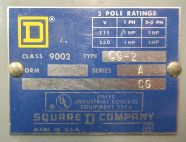 Square D Class 9002 Type CG-2 Foot Switch Standard 115/230V 1HP Series A