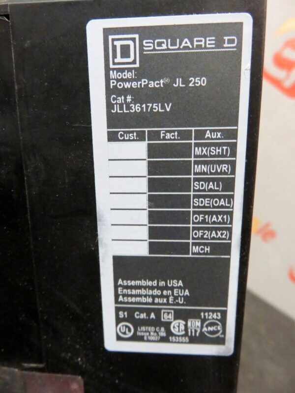 Square D JL 250 JL250 Power Pact 3 Pole Circuit Breaker Auto Switch 250 Amp
