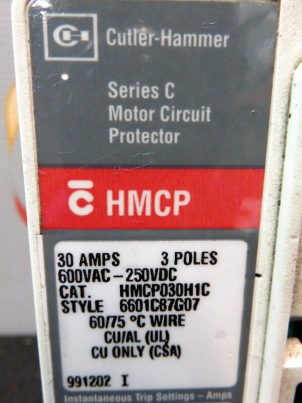 Westinghouse Cutler Hammer Motor Circuit Breaker 30Amp 600VAC HMCP030H1C