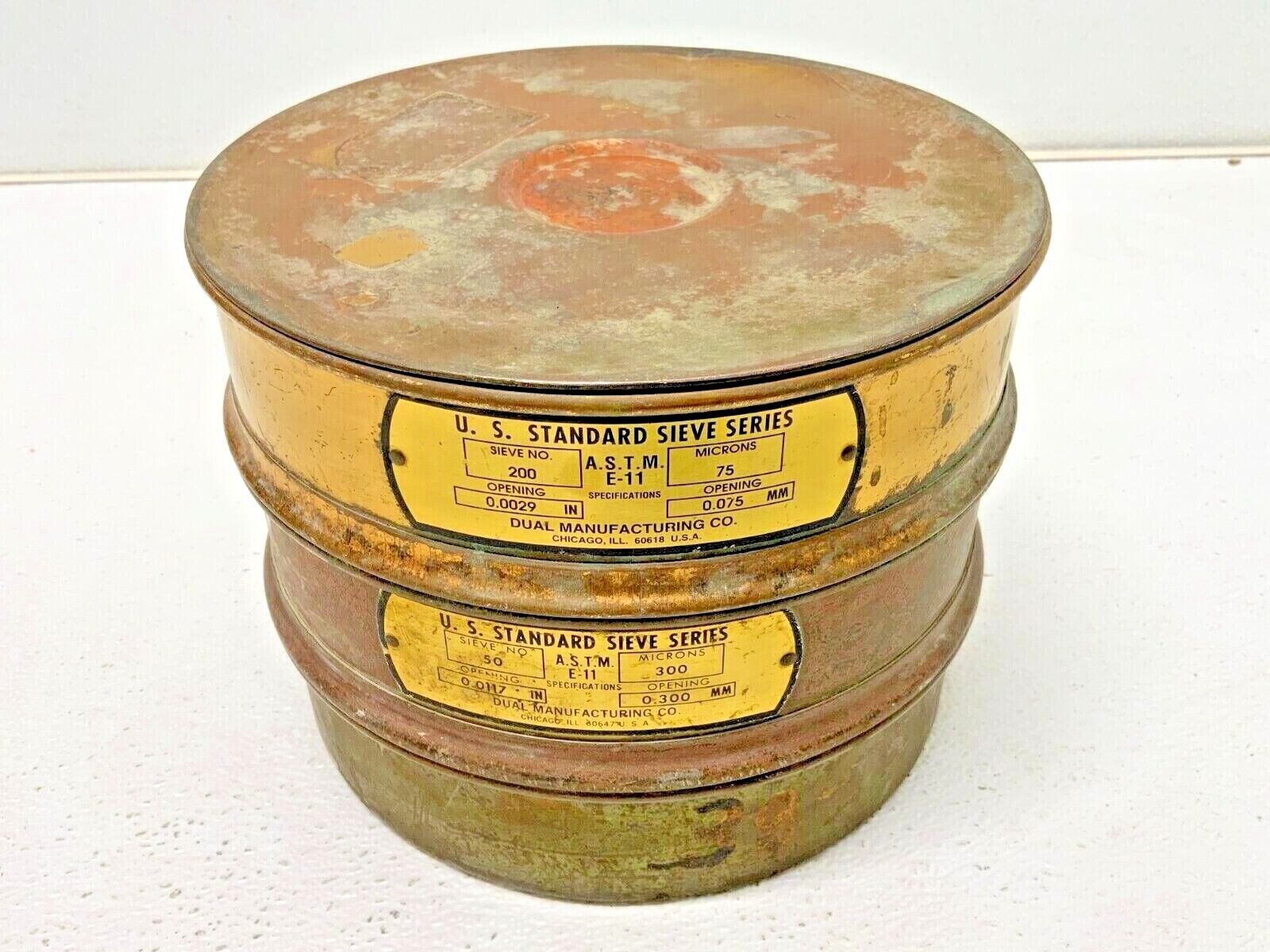 Set of 2 USA Standard Sieve Series Brass 8" Dia 50, 200 1 Base 1 Lid Lot #12 _1 Set of 2 USA Standard Sieve Series Brass 8" Dia 50, 200 1 Base 1 Lid Lot #12