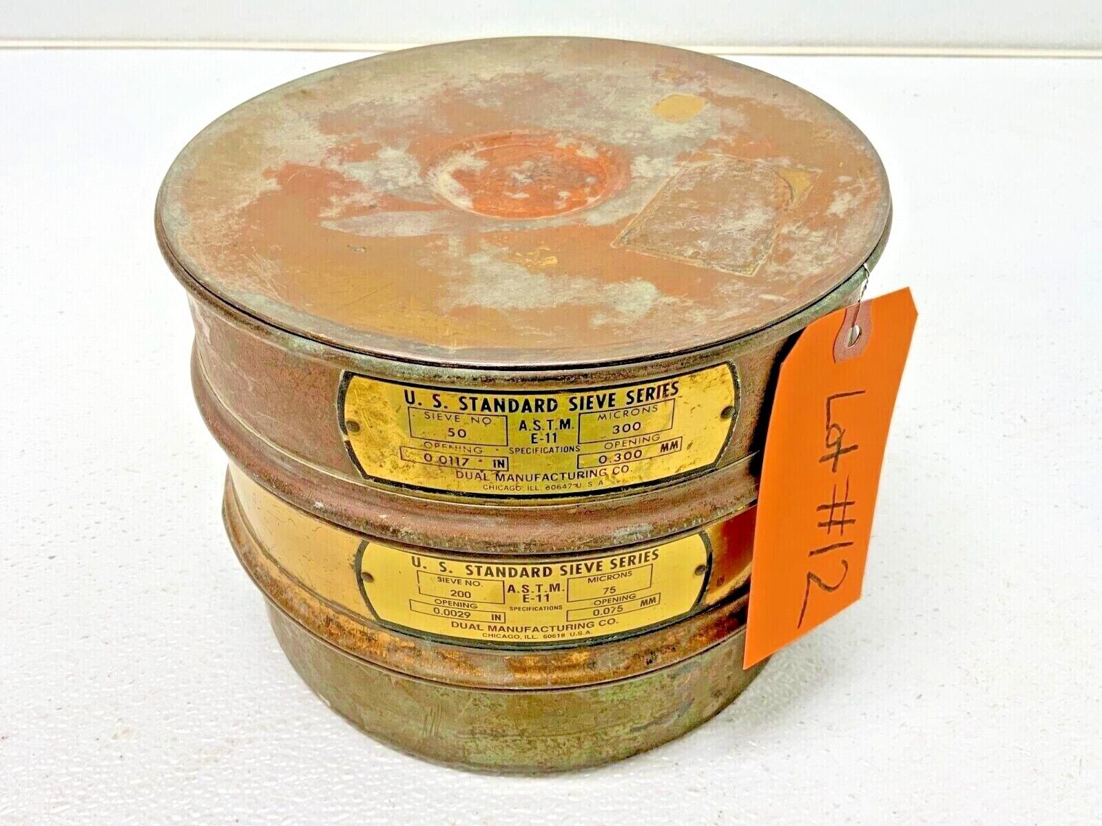 Set of 2 USA Standard Sieve Series Brass 8" Dia 50, 200 1 Base 1 Lid Lot #12 _8 Set of 2 USA Standard Sieve Series Brass 8" Dia 50, 200 1 Base 1 Lid Lot #12