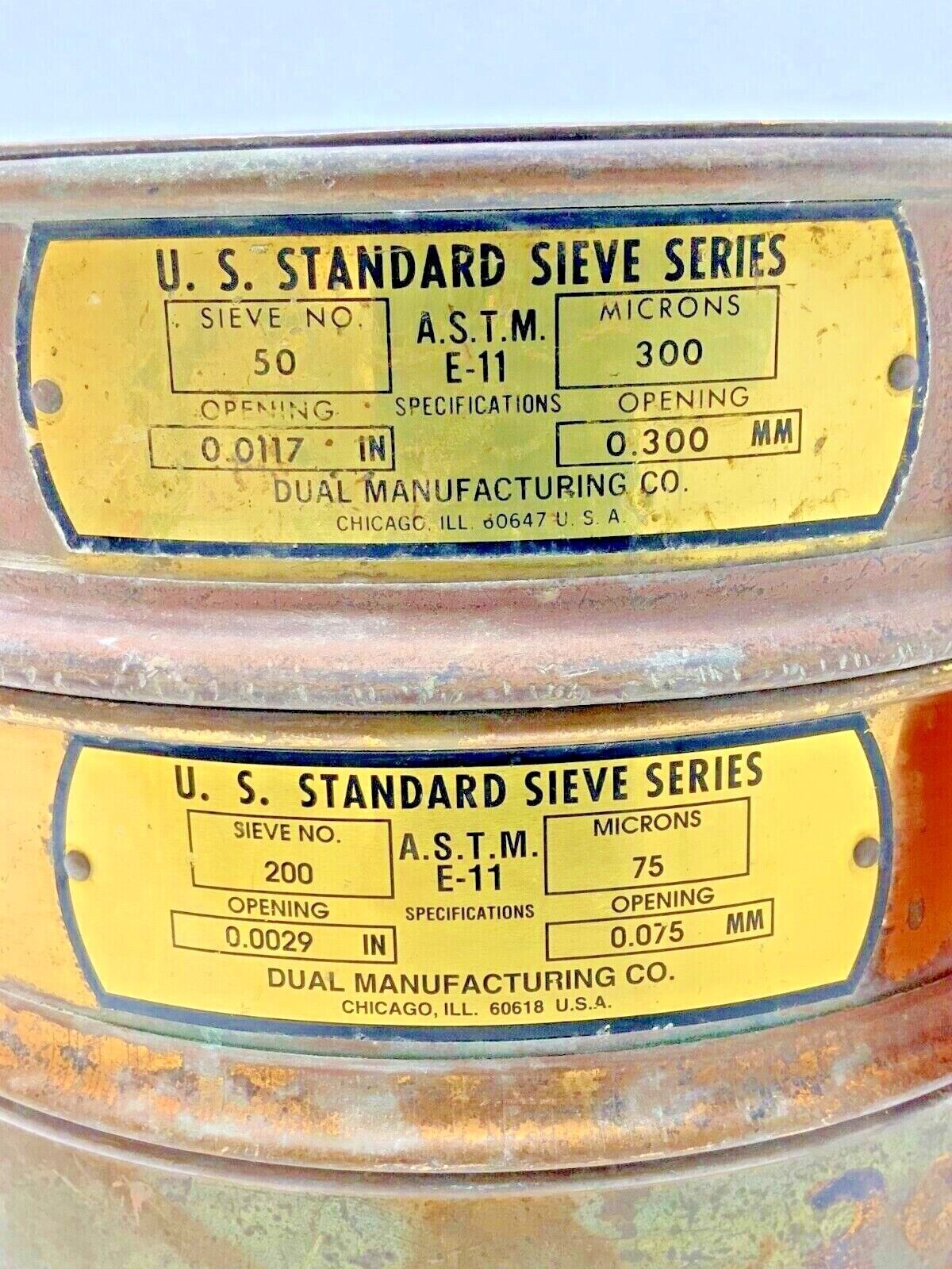 Set of 2 USA Standard Sieve Series Brass 8" Dia 50, 200 1 Base 1 Lid Lot #12 _9 Set of 2 USA Standard Sieve Series Brass 8" Dia 50, 200 1 Base 1 Lid Lot #12