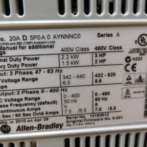 Allen Bradley PowerFlex 70 20AD5P0A0AYNNNC0 Series A 400V-480V 3Hp AC Drive 36C
