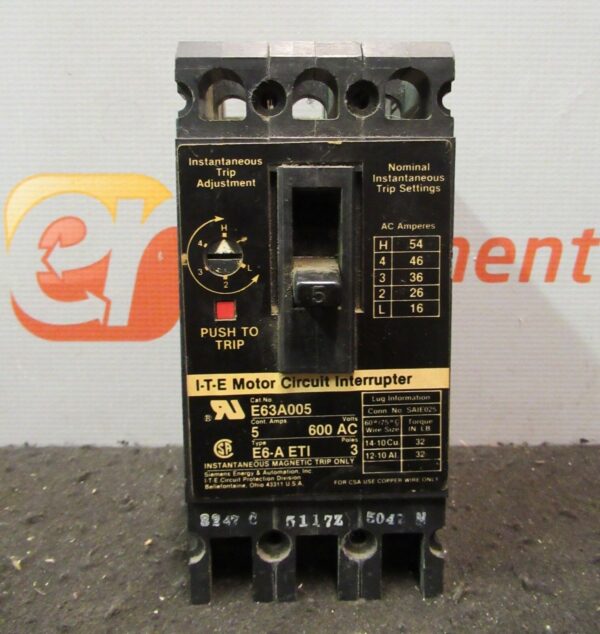 Siemens E63A005 ITE Motor Circuit Interrupter 5A 600VAC Trip Adjustment FS6L