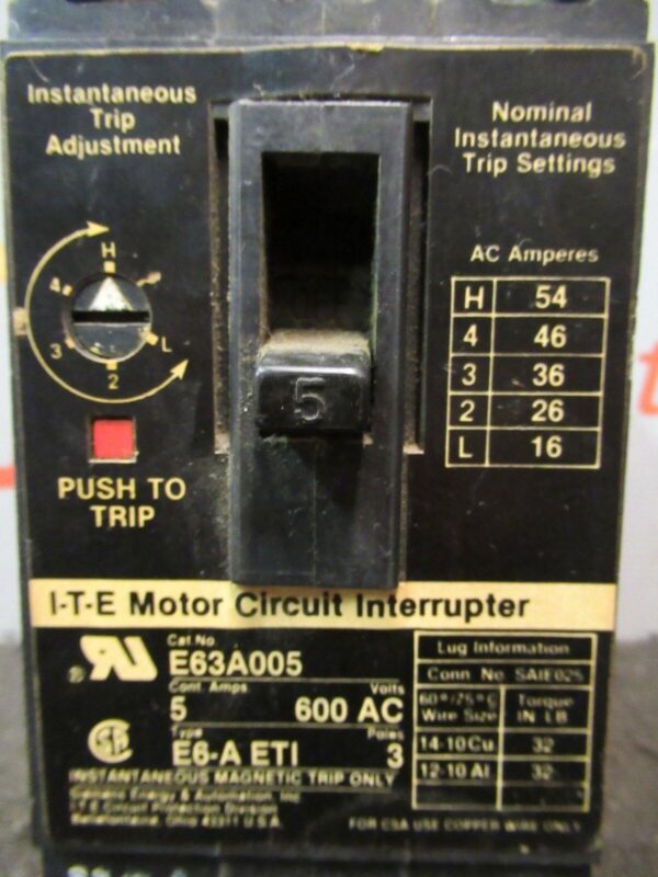 Siemens E63A005 ITE Motor Circuit Interrupter 5A 600VAC Trip Adjustment FS6L