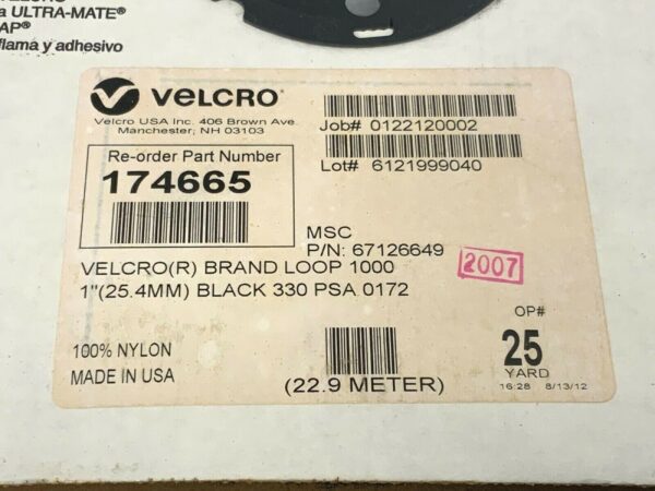 Velcro 174665 Loop 1000 1" Black 330 PSA New in Box 25 Yards 249D