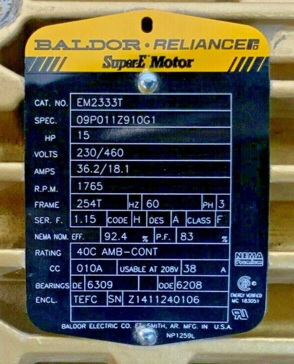 Baldor EM2333T 15HP 230/460V 36.2/18/1AMPS 1765RPM 60HZ 3PH 254T #3 G3B