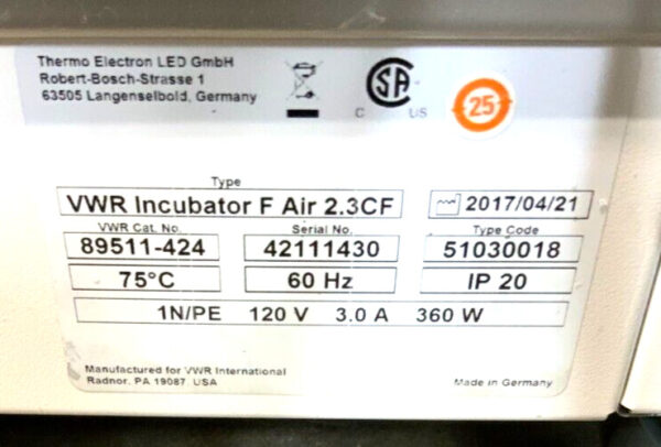 VWR 89511-424 51030018 Laboratory Incubator F Air 2.3CF Oven 75C 120V 360W 202A