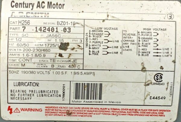 A.O Smith Century 3 Phase AC Motor H256 1/2HP 200-230/460V 1725RPM 56D