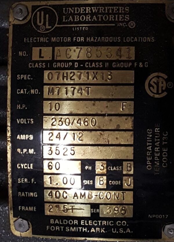 Underwriter Laboratories M7174T Baldor 10 HP Motor 3525 RPM 230/460 E5A