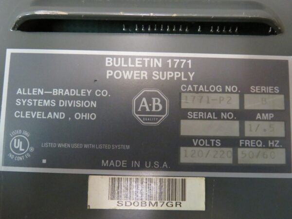 Allen Bradley Bulletin Power Supply Series B 120V 1/5 Amp 1771-P2