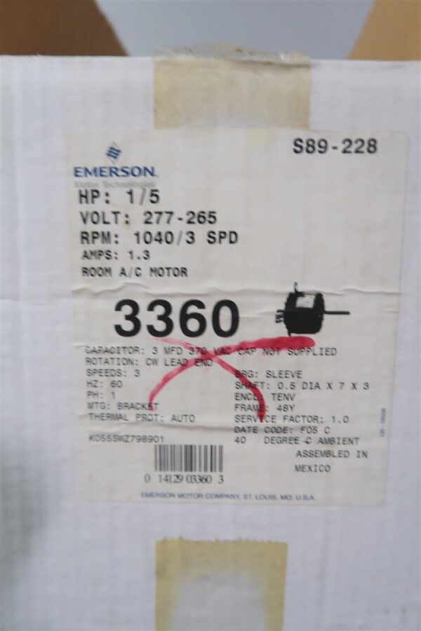 Emerson K55HXSWZ-7989 1/5 HP Condenser Motor Fan RPM 1040/3 Speed 277/265 V New