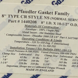 PFaudler 1440208 8"Type CR Style Gasket 8” I.Dx10 1/2” O.D. 54C
