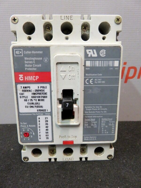 Westinghouse Cutler Hammer Circuit Breaker HMCP007CDC 7Amp 600V 3 Pole