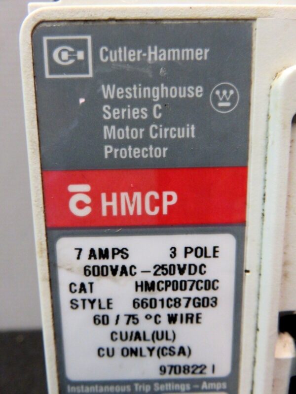 Westinghouse Cutler Hammer Circuit Breaker HMCP007CDC 7Amp 600V 3 Pole