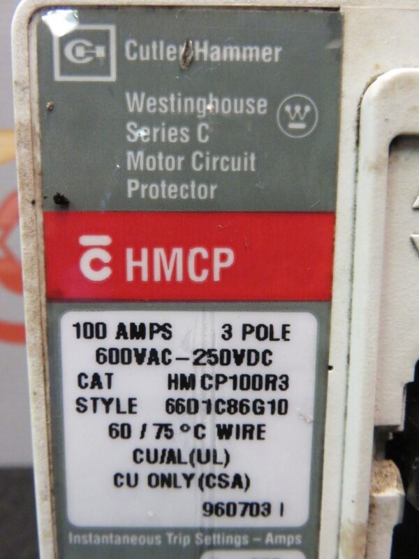 Westinghouse Cutler Hammer Circuit Breaker HMCP100R3 100Amp 600V 3 Pole