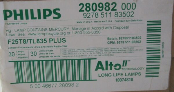 30Pc Philips 280982 F25T8/TL835 PLUS Alto II Hg Lamp 25W Fluorescent Light Bulbs