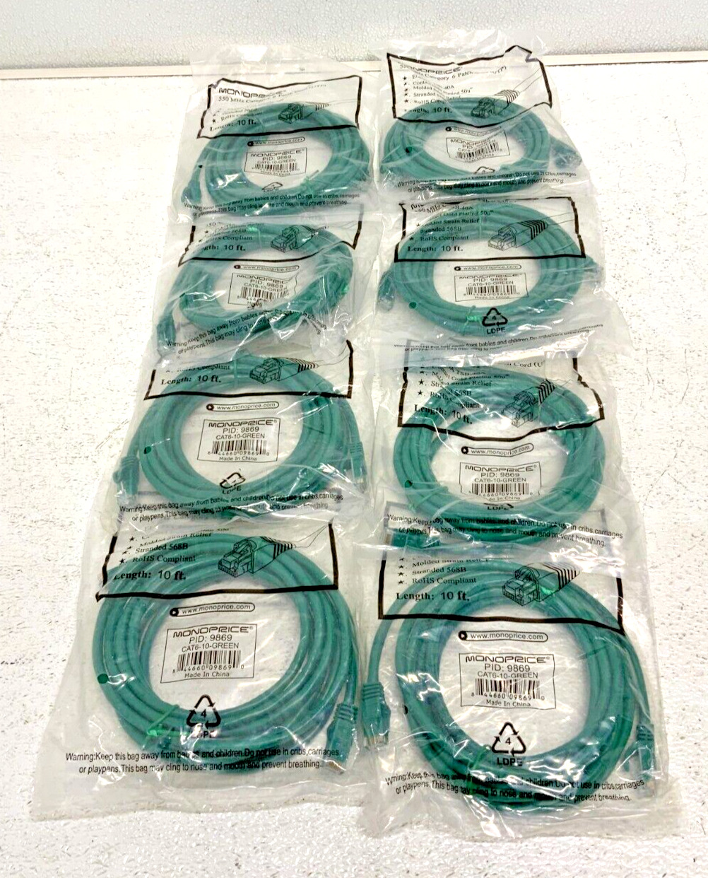 NEW Lot of 8 Monoprice 9869 10 ft Cat 6 Flexboot Green Ethernet Patch Cord 263D_0 NEW Lot of 8 Monoprice 9869 10 ft Cat 6 Flexboot Green Ethernet Patch Cord 263D