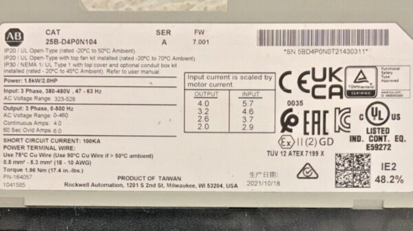 Allen-Bradley 25B-D4P0N104 PowerFlex 525 3PH AC Drive 1.5kW 2.0HP 74C