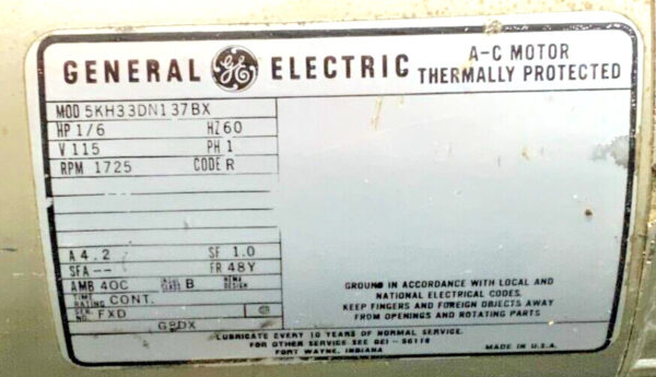 General Electric GE Gast 5KH33DN137BX 0322-V104-G8DX AC Motor Vacuum Pump 37C