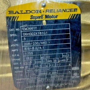 Baldor EM3661T 3HP 208-230/460V 8.6-8.2/4.1AMPS 1755RPM 60HZ 3PH #3 G7C
