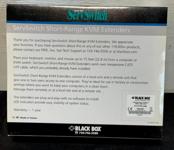 NEW Black Box ACUO75A-USB KVM ServSwitch Short Range Extender Kit 75ft 275C