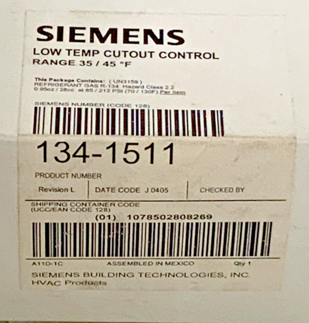 NEW Siemens 134-1511 Low Temperature Cutout Control Range 35/45F 216B_7 NEW Siemens 134-1511 Low Temperature Cutout Control Range 35/45F 216B