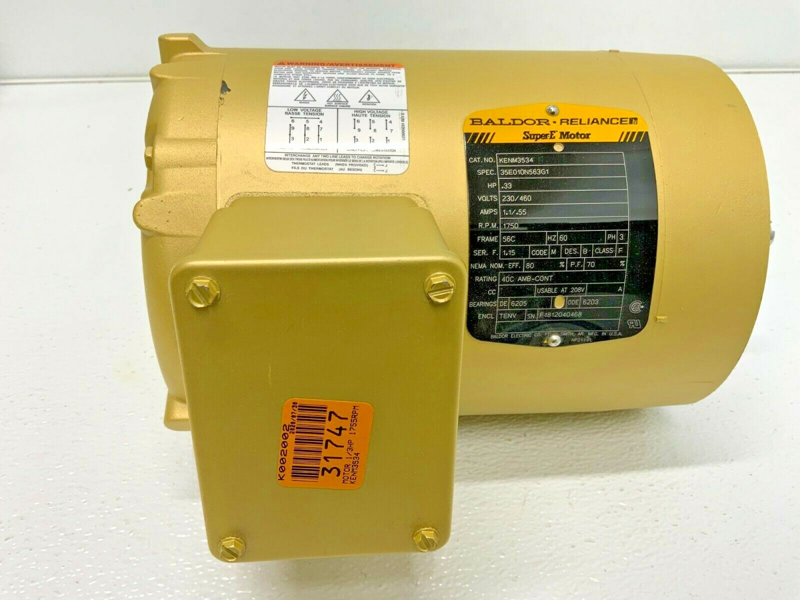 Baldor Reliance SuperE Electric Motor KENM3534 .33HP 1750RPM 3PH 56C 60HZ 56A_5 Baldor Reliance SuperE Electric Motor KENM3534 .33HP 1750RPM 3PH 56C 60HZ 56A