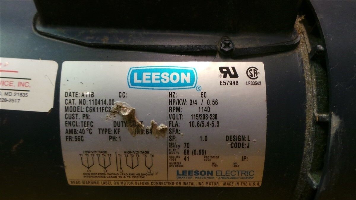 Leeson C6K11FC2 Electric Industrial Motor 3/4 HP Phase 1 Rebuilt_5 Leeson C6K11FC2 Electric Industrial Motor 3/4 HP Phase 1 Rebuilt