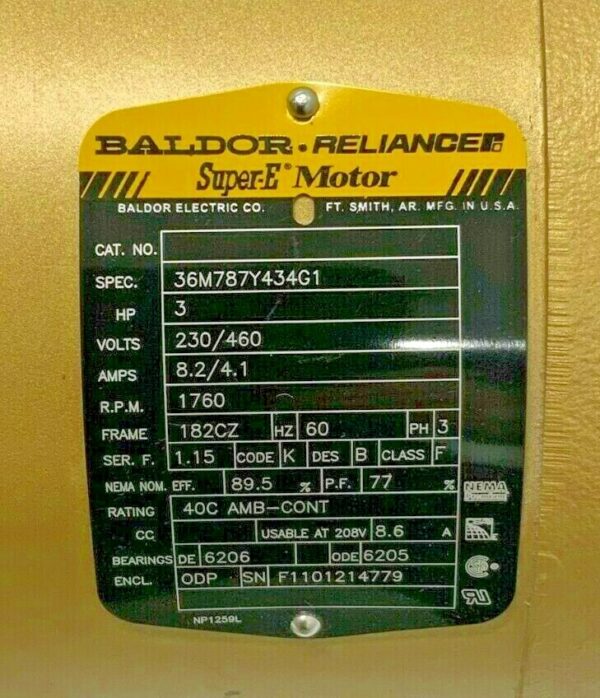 Baldor Reliance Motor EM3611T 3HP 1760RPM 182CZ 60HZ 3P 8.2/4/1 AMPS 51A 230/460