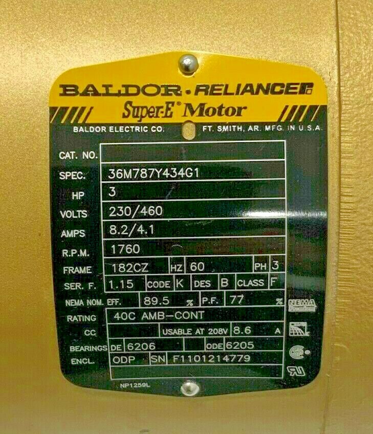 Baldor Reliance Motor EM3611T 3HP 1760RPM 182CZ 60HZ 3P 8.2/4/1 AMPS 51A 230/460_7 Baldor Reliance Motor EM3611T 3HP 1760RPM 182CZ 60HZ 3P 8.2/4/1 AMPS 51A 230/460