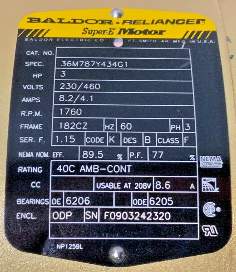 Baldor Reliance Super E Electric Motor 3HP 1760RPM 182CZ 60HZ 3P 230/360V A9B_3 Baldor Reliance Super E Electric Motor 3HP 1760RPM 182CZ 60HZ 3P 230/360V A9B