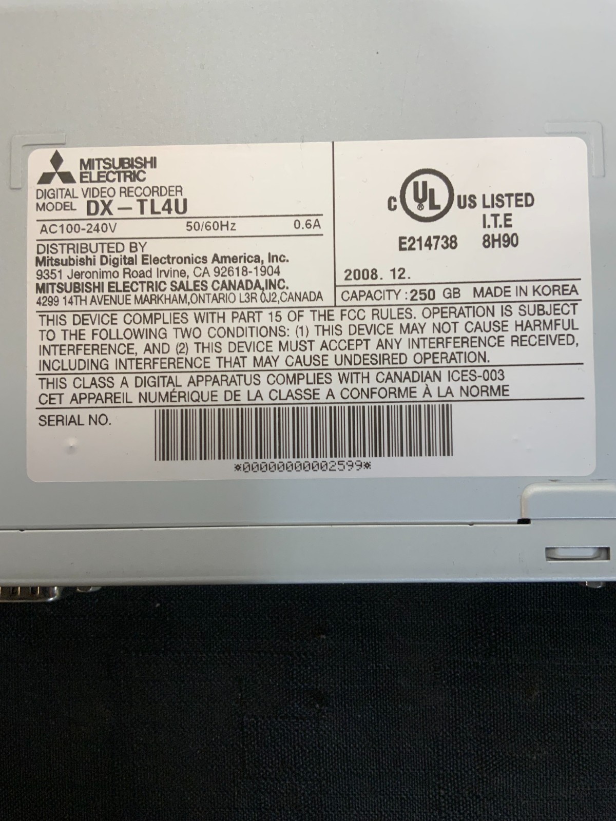 Mitsubishi DX-TL4U Digital Video Recorder 4 Channel DVR 250GB HDD W/ Remote 15B_10 Mitsubishi DX-TL4U Digital Video Recorder 4 Channel DVR 250GB HDD W/ Remote 15B